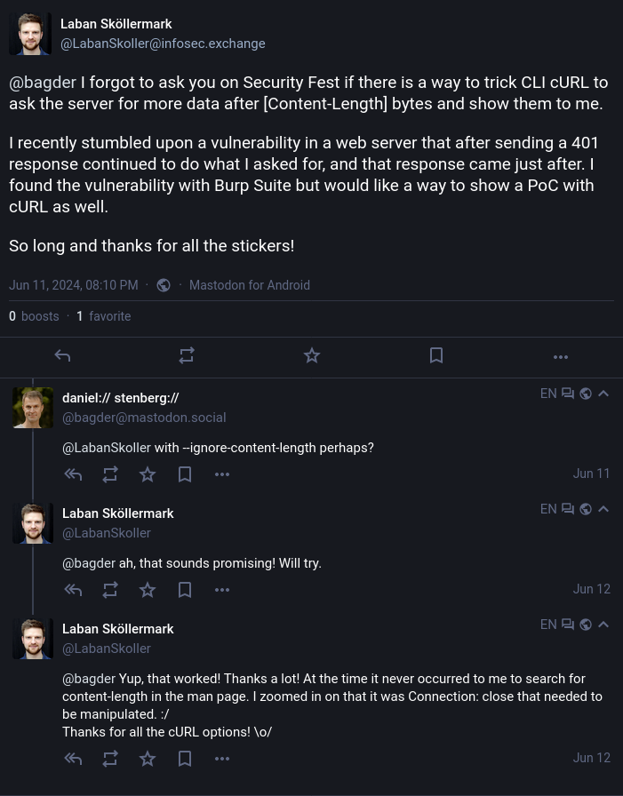 Mastodon conversation between me (@LabanSkoller@infosec.exchange) and daniel:// stenberg:// (@bagder@mastodon.social). Click the toot link below the screenshot to read the conversation.