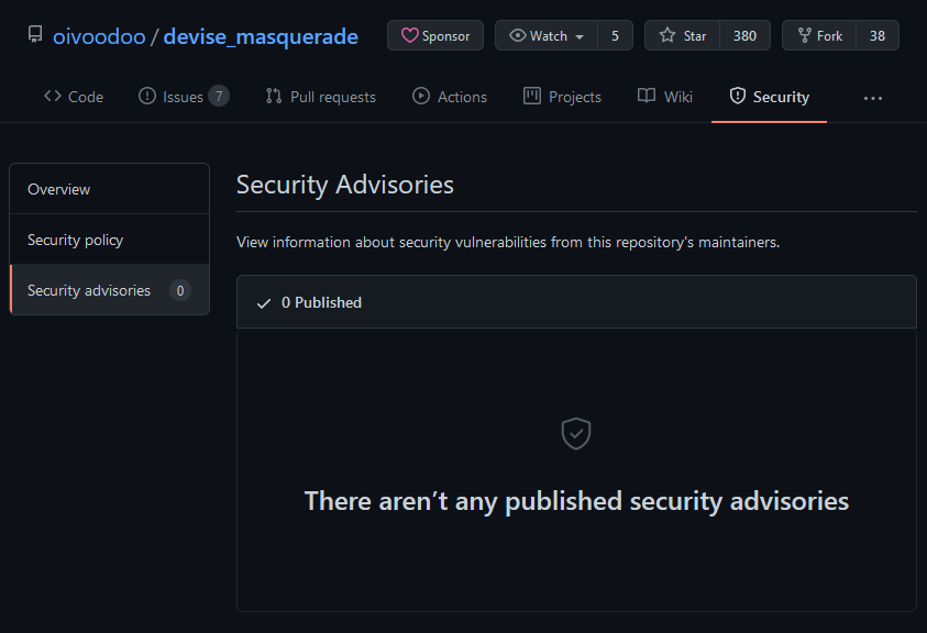 GitHub -> oivoodoo/devise_masquerade -> Security -> Security Advisories:
There aren't and published security advisories