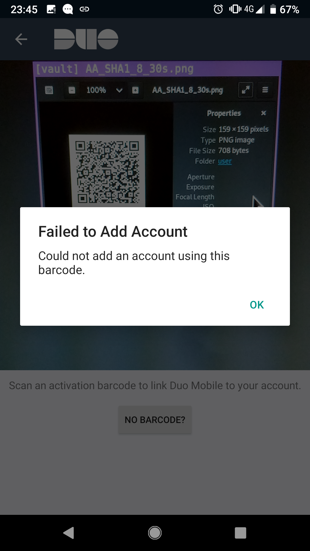 Failed to Add Account - Could not add an account using this barcode.