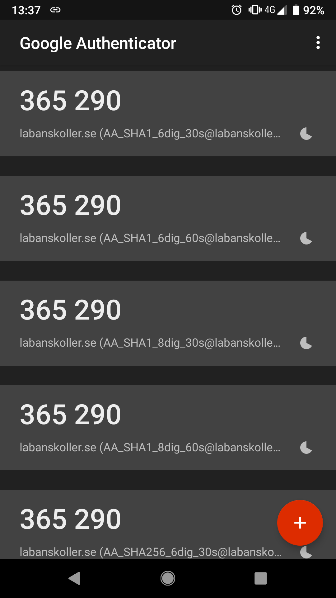 Google Authenticator showing token 365 290 for all HMAC-SHA-1 modes
