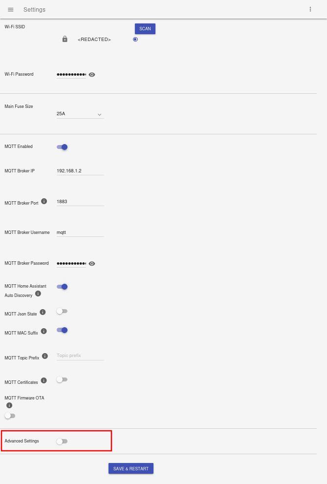 Showing the Settings page of the P1IB web interface. There are 14 settings and then a toggle \